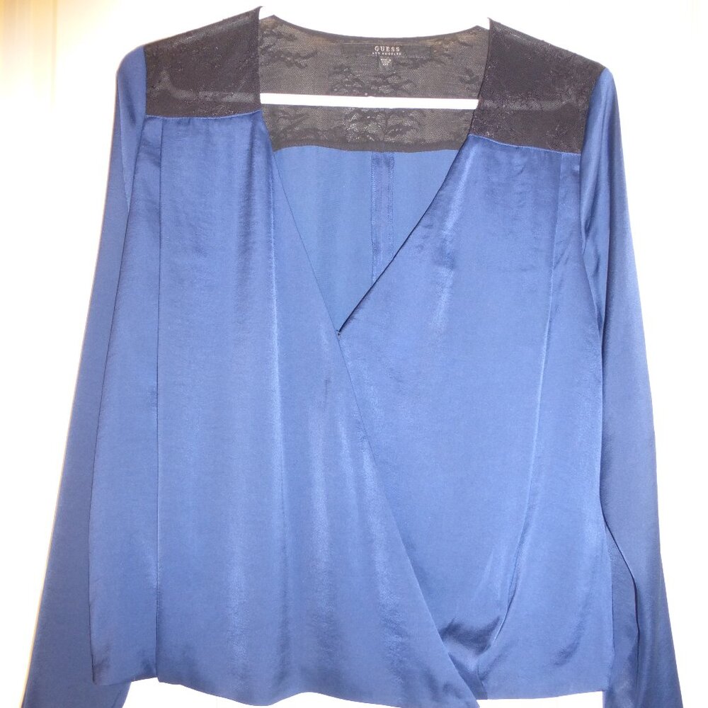 GUESS dark blue v-neck low cut blouse with lace accents